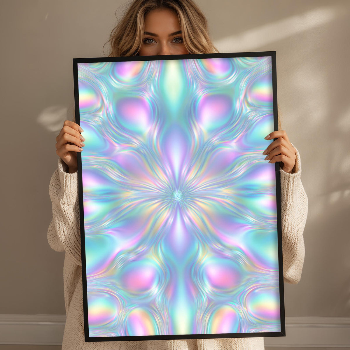 A woman is holding up a framed poster with a vibrant, abstract floral design in shades of blue, pink, and green.