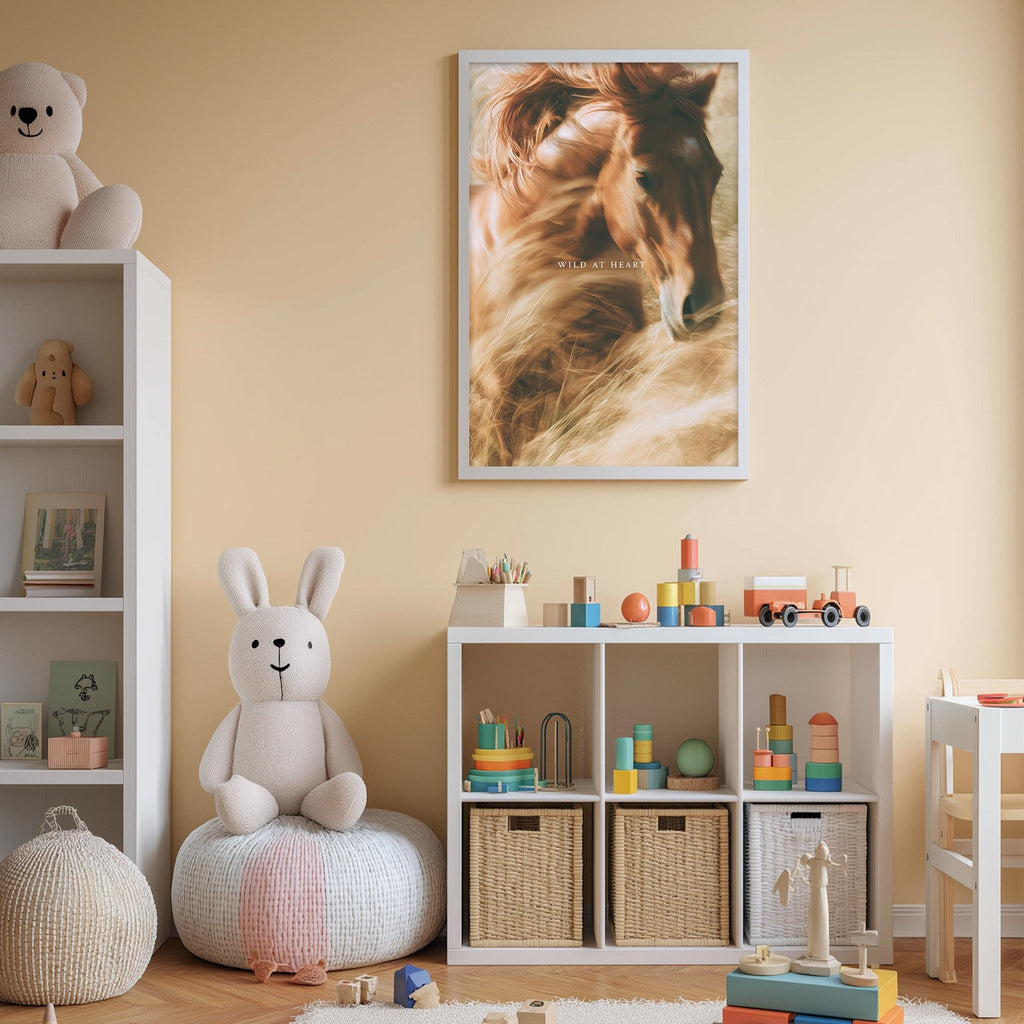 A cozy children's room with a white bookshelf, a stuffed rabbit, a horse poster, and a toy train set.