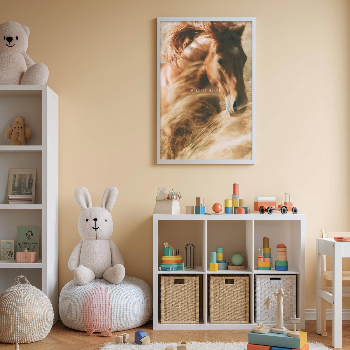 A cozy children's room with a white bookshelf, a stuffed rabbit, a horse poster, and a toy train set.