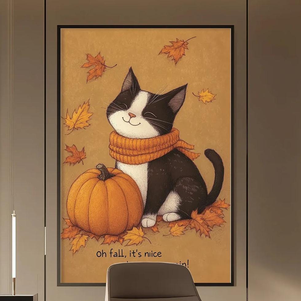 a modern office space with a large framed picture of a cat sitting on a pumpkin, surrounded by autumn leaves, on the wall. The office has a wooden desk, a chair, and a bookshelf filled with books.