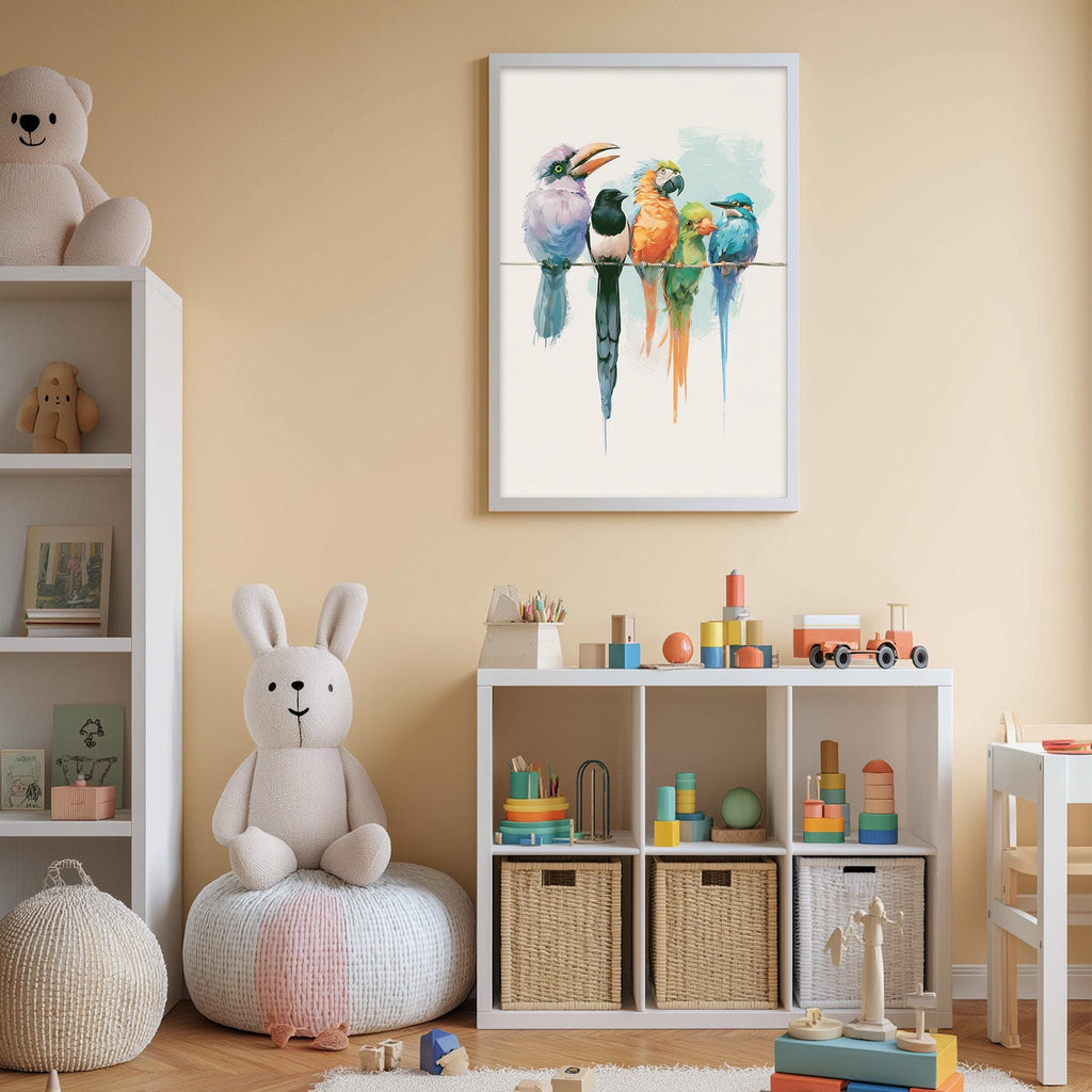 A child's bedroom with a white bookshelf, a stuffed rabbit, a colorful bird painting, and various toys and storage bins.