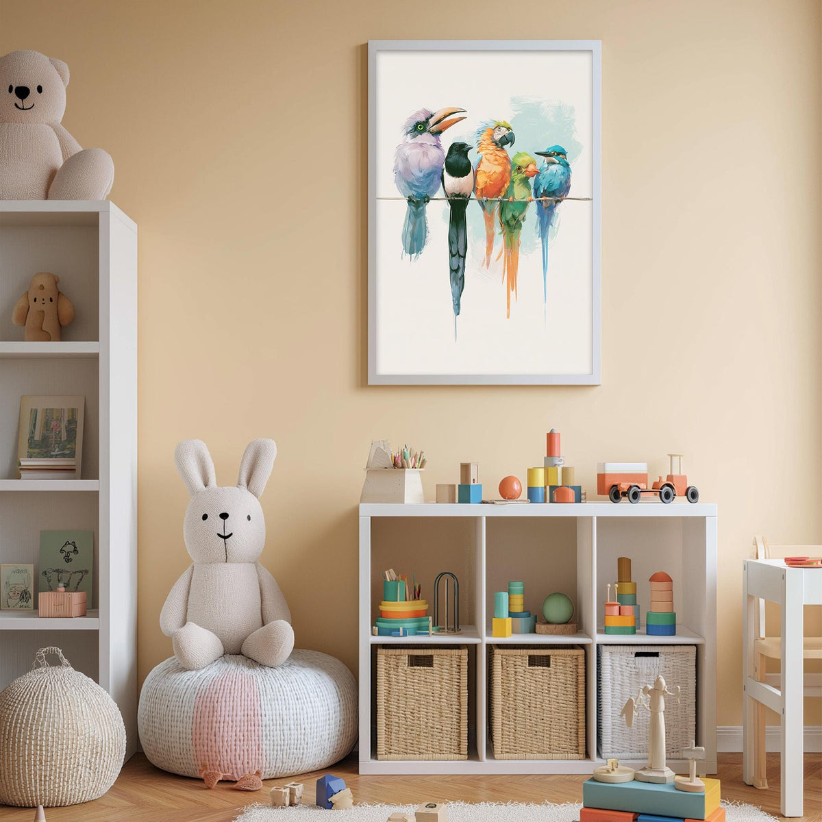 A child's bedroom with a white bookshelf, a stuffed rabbit, a colorful bird painting, and various toys and storage bins.