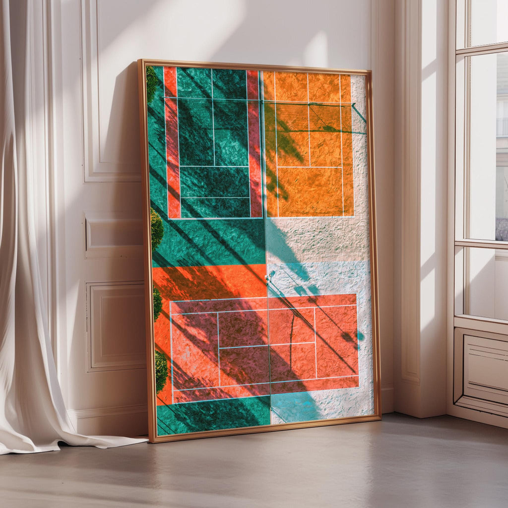 a large, colorful abstract painting of a tennis court, with vibrant orange, green, and blue squares arranged in a grid-like pattern.