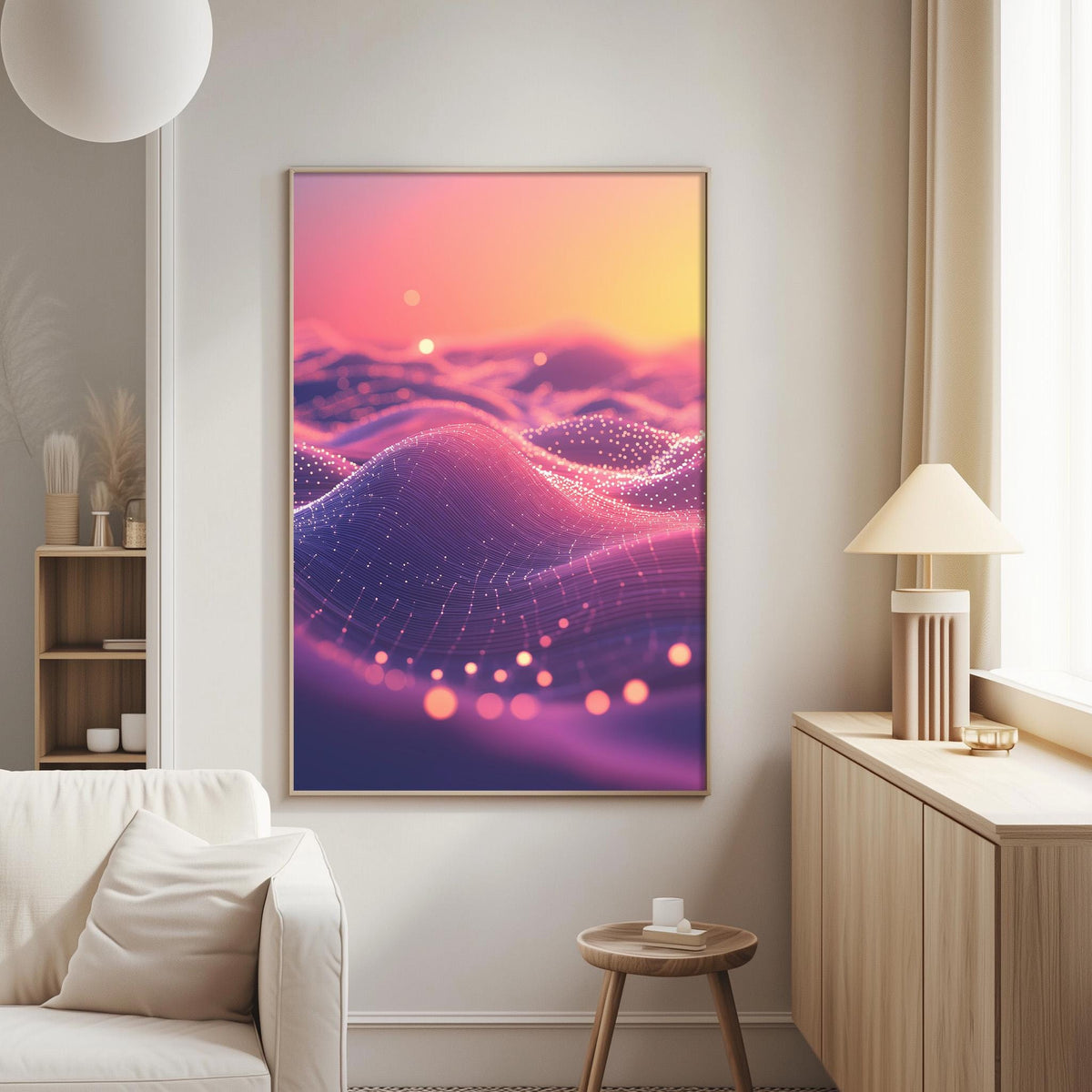 a large, colorful abstract painting hanging on a wall in a modern living room.
