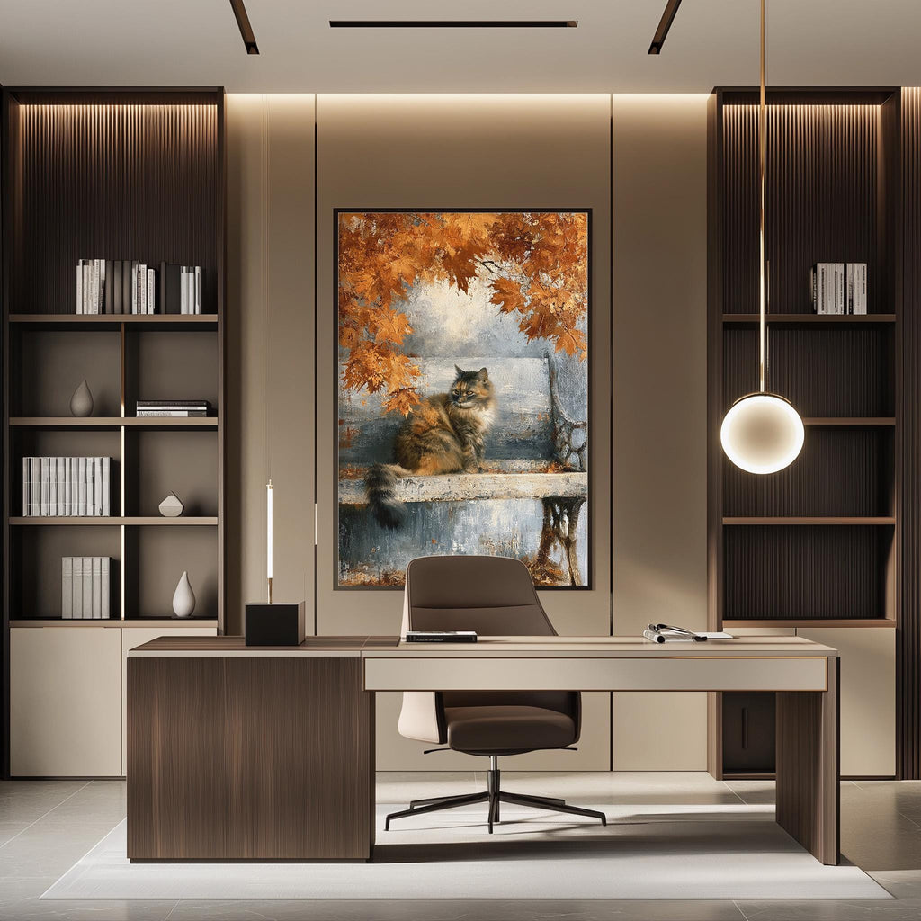 a modern and stylish home office with a large framed painting of a cat sitting on a branch with autumn leaves hanging on the wall. The office features a wooden desk, a comfortable chair, and a bookshelf filled with books and decorative items.