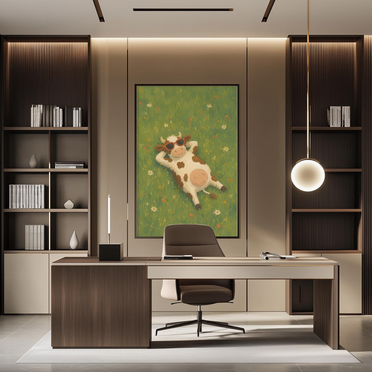 a modern office space with a large painting of a cow lying in the grass on the wall. The office features a wooden desk, a chair, and a bookshelf filled with books.