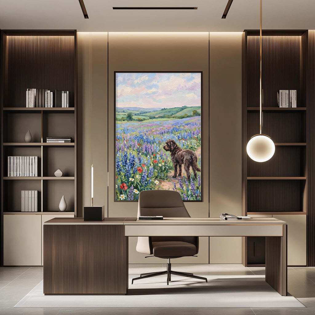 a modern office space with a large painting of a dog in a field of flowers hanging on the wall. The office features a wooden desk, a comfortable chair, and a bookshelf filled with books. The overall design and decor create a serene and inviting atmosphere.