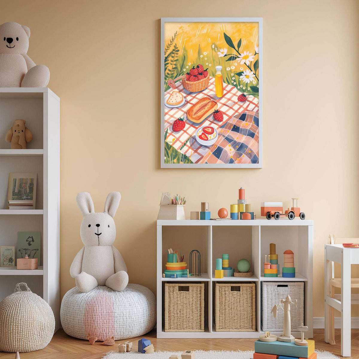 A cozy children's room with a large stuffed bunny, a bookshelf, and a colorful painting of a picnic scene on the wall.