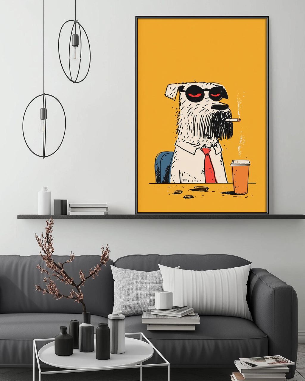 a large, colorful painting of a dog wearing a tie and sunglasses, sitting at a table with a cup of coffee. The painting is displayed on the wall above a gray couch in a modern living room setting.