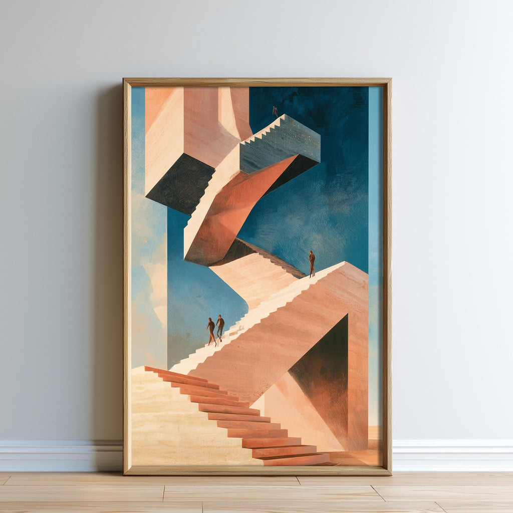 The image is a framed painting depicting a surreal, abstract scene with a staircase and a blue sky.