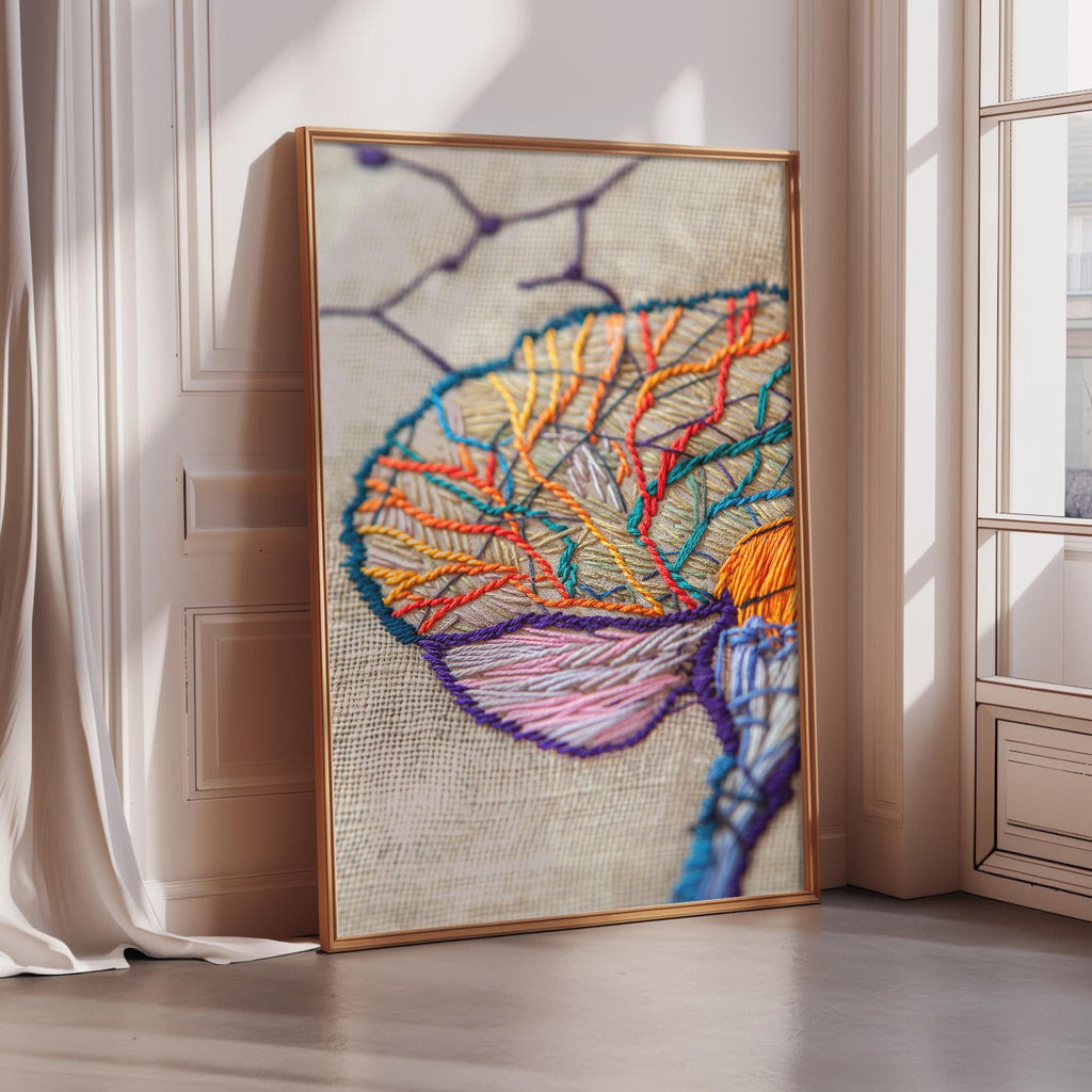 a large, colorful embroidered piece of art displayed on a wall in a room.