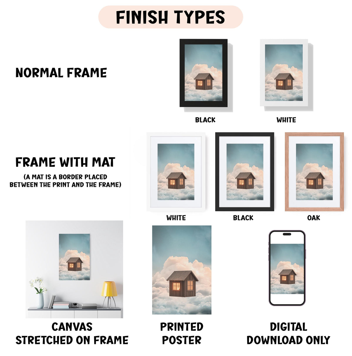 various types of framed artwork, including a normal frame, a black frame, a white frame, a black frame, a white frame, a black frame, and an oak frame. The artwork is displayed in different frame styles, such as a mat placed between the print and the frame, a canvas stretched on a frame, a printed poster, and a digital download only.
