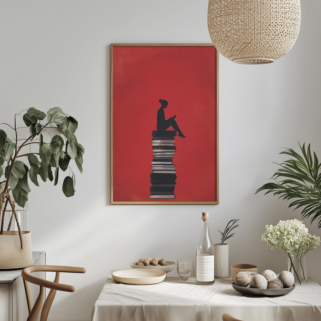 a dining table with a white tablecloth, a bowl of fruit, a bottle, and a vase with flowers. Above the table, there is a framed artwork depicting a person sitting on a stack of books.