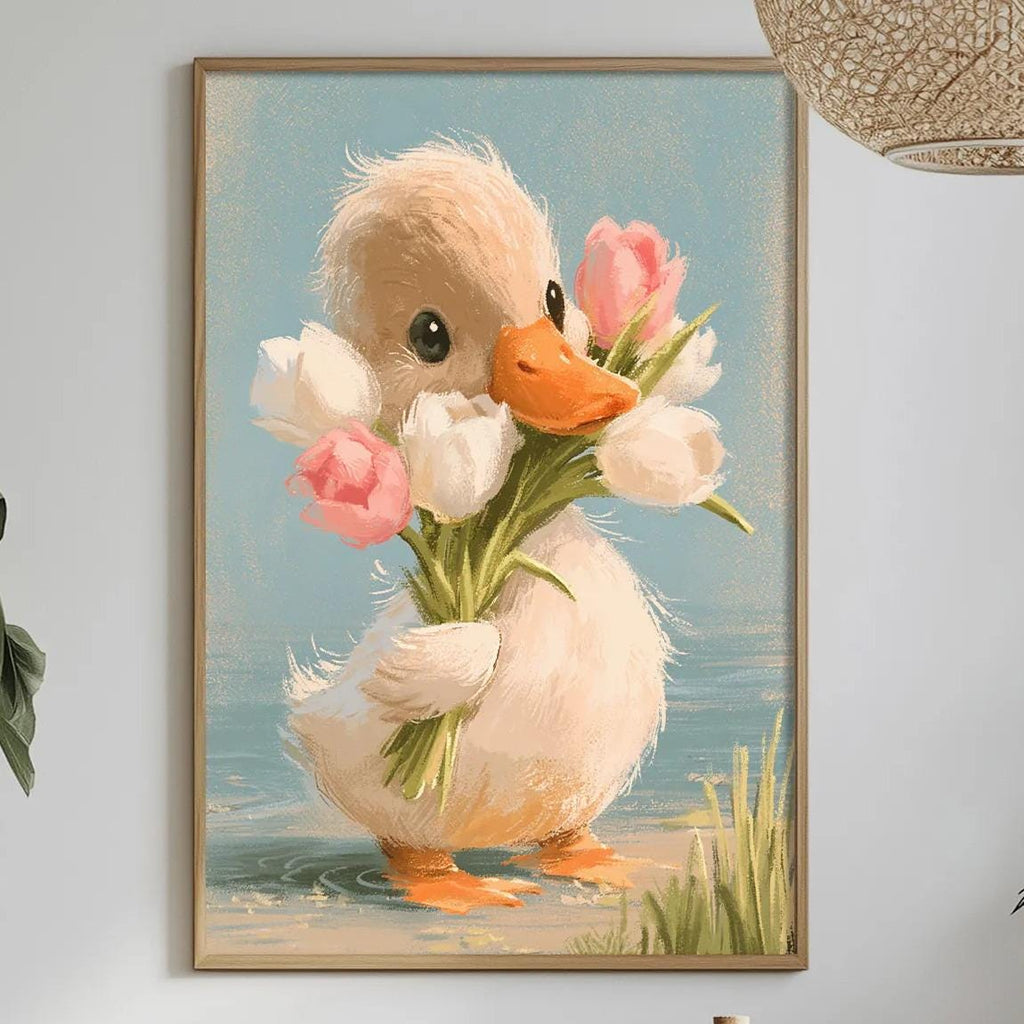 a cozy dining area with a table set for two, a potted plant, a hanging light fixture, and a framed painting of a duck holding flowers.