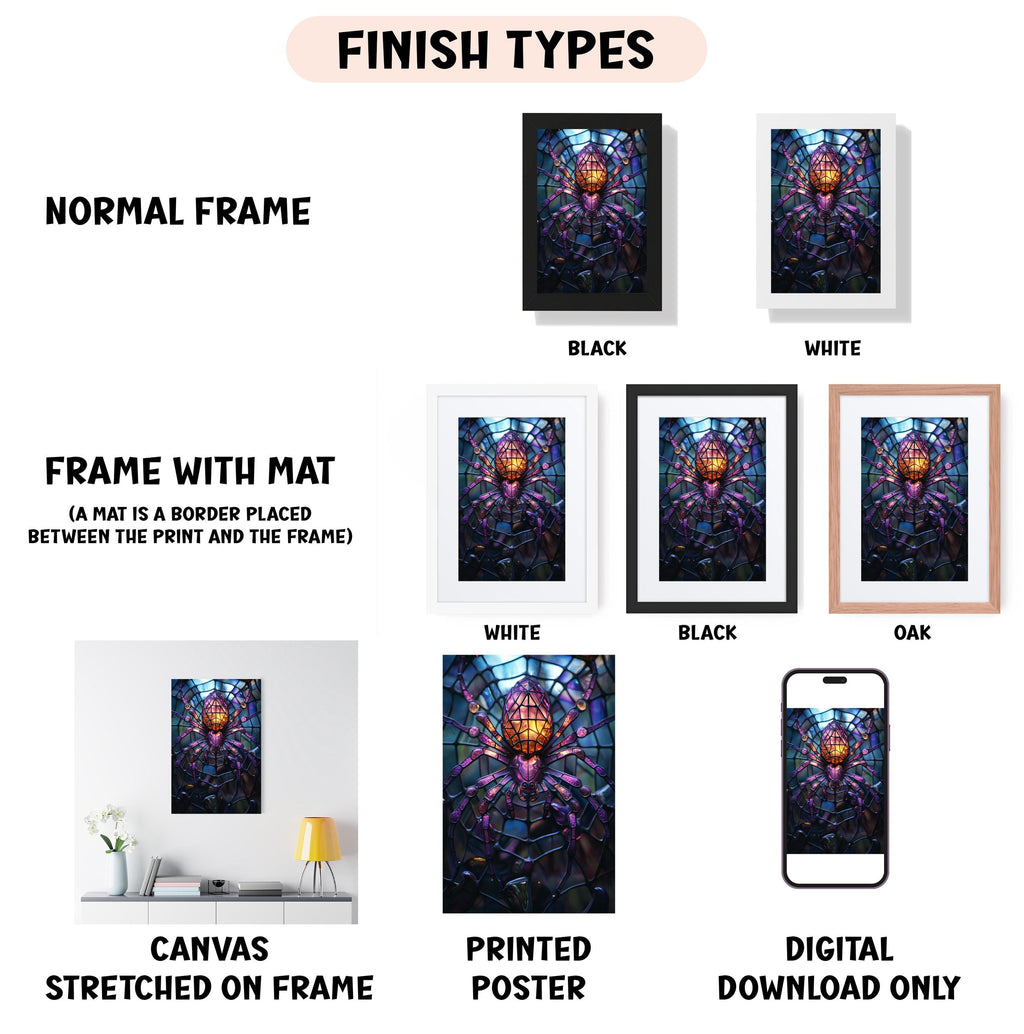 various types of artwork, including a normal frame, a frame with a mat, a white frame, a black frame, an oak frame, a white canvas stretched on a frame, a printed poster, and a digital download only.