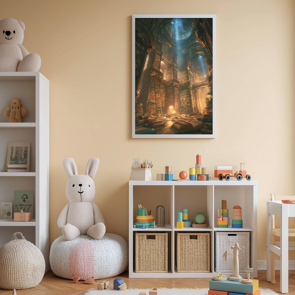 A cozy children's room with a large stuffed rabbit, a bookshelf filled with toys, and a framed painting of a fantastical cityscape.