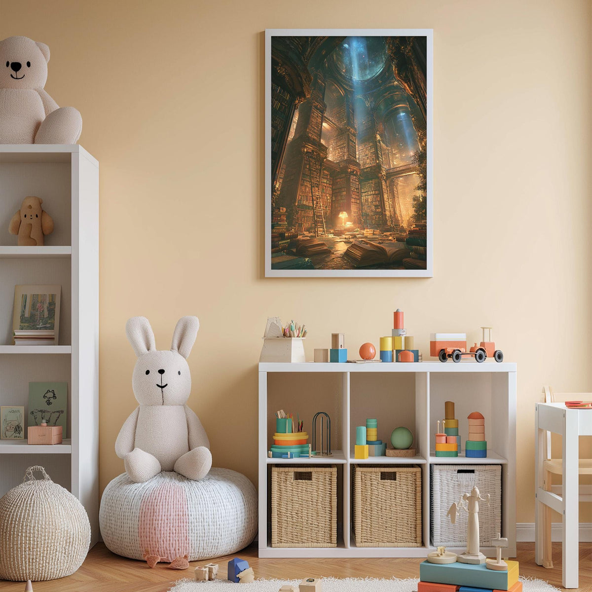 A cozy children's room with a large stuffed rabbit, a bookshelf filled with toys, and a framed painting of a fantastical cityscape.