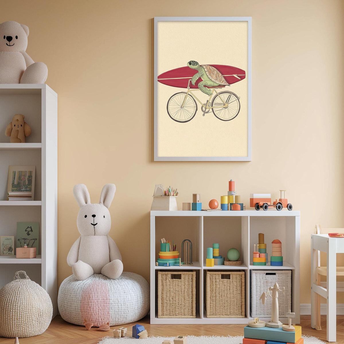 A child's bedroom with a white bookshelf, a stuffed rabbit, a bicycle with a turtle on it, and a framed picture of a turtle riding a bicycle.