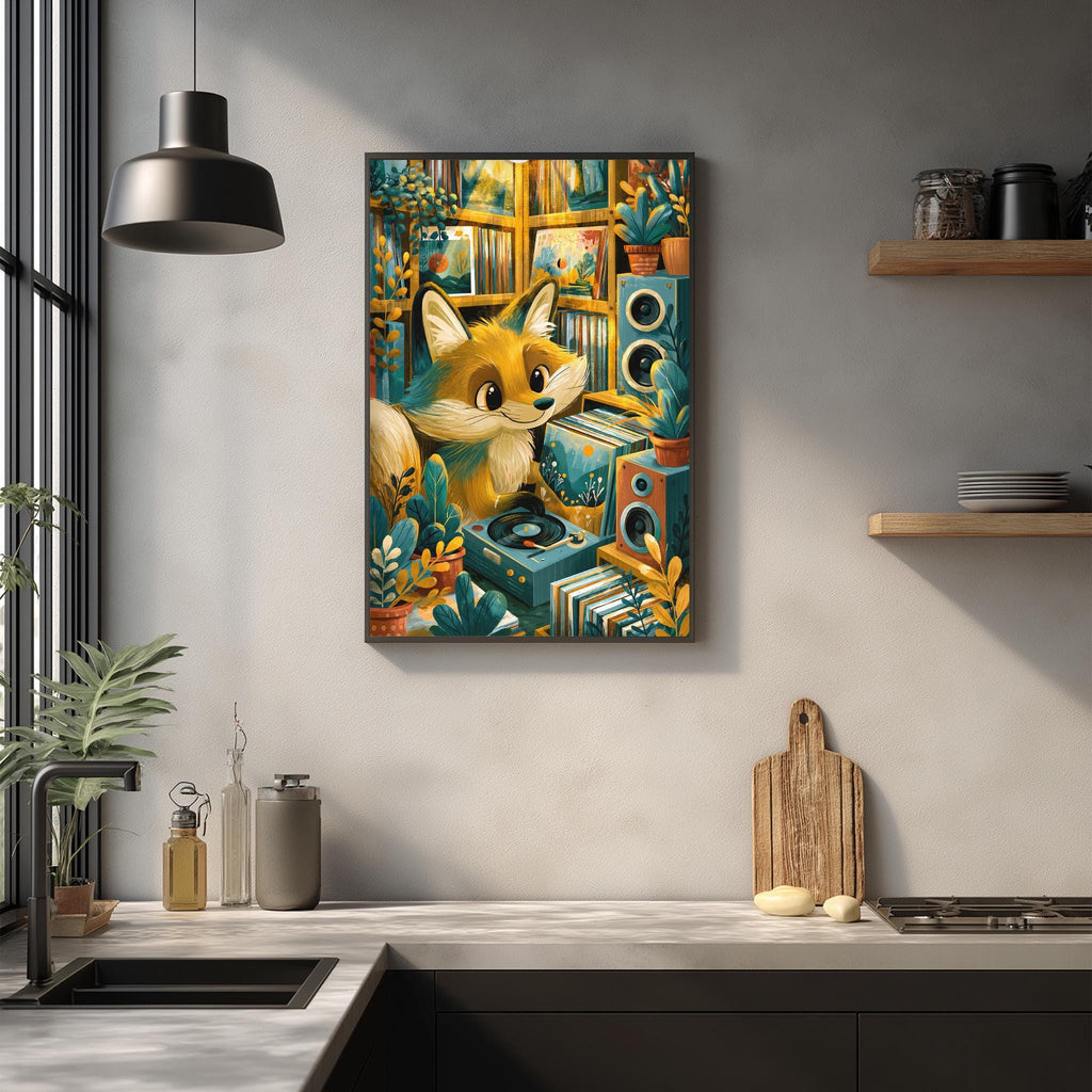 a kitchen counter with various items, including a wooden cutting board, a sink, and a potted plant. Above the counter, there is a framed painting depicting a fox surrounded by a colorful, whimsical scene.