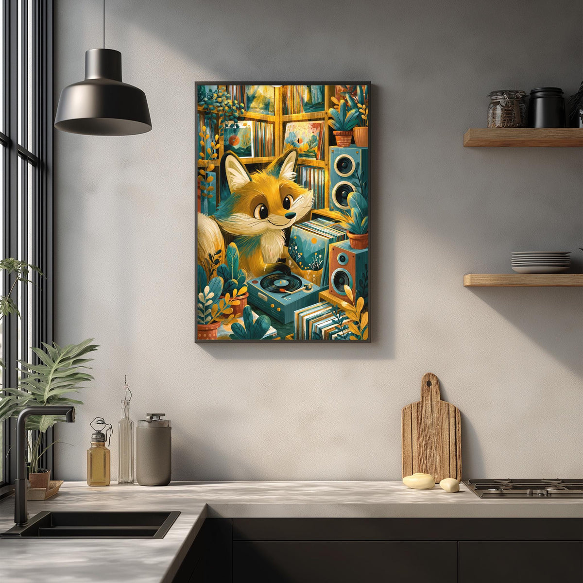 a kitchen counter with various items, including a wooden cutting board, a sink, and a potted plant. Above the counter, there is a framed painting depicting a fox surrounded by a colorful, whimsical scene.