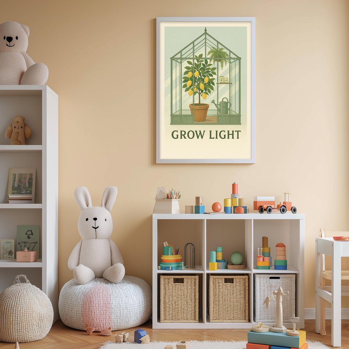 A cozy children's room with a white bookshelf, a plush rabbit, and a toy train. Above the bookshelf is a framed poster with a green greenhouse and a plant, along with the text "GROW LIGHT".