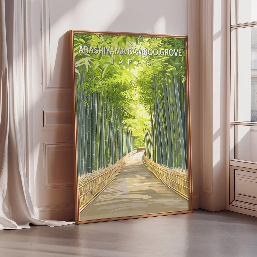 A framed poster depicting a bamboo forest path in Japan, with the text "ARASHIYA BAMBOGROVE JAPAN" prominently displayed.