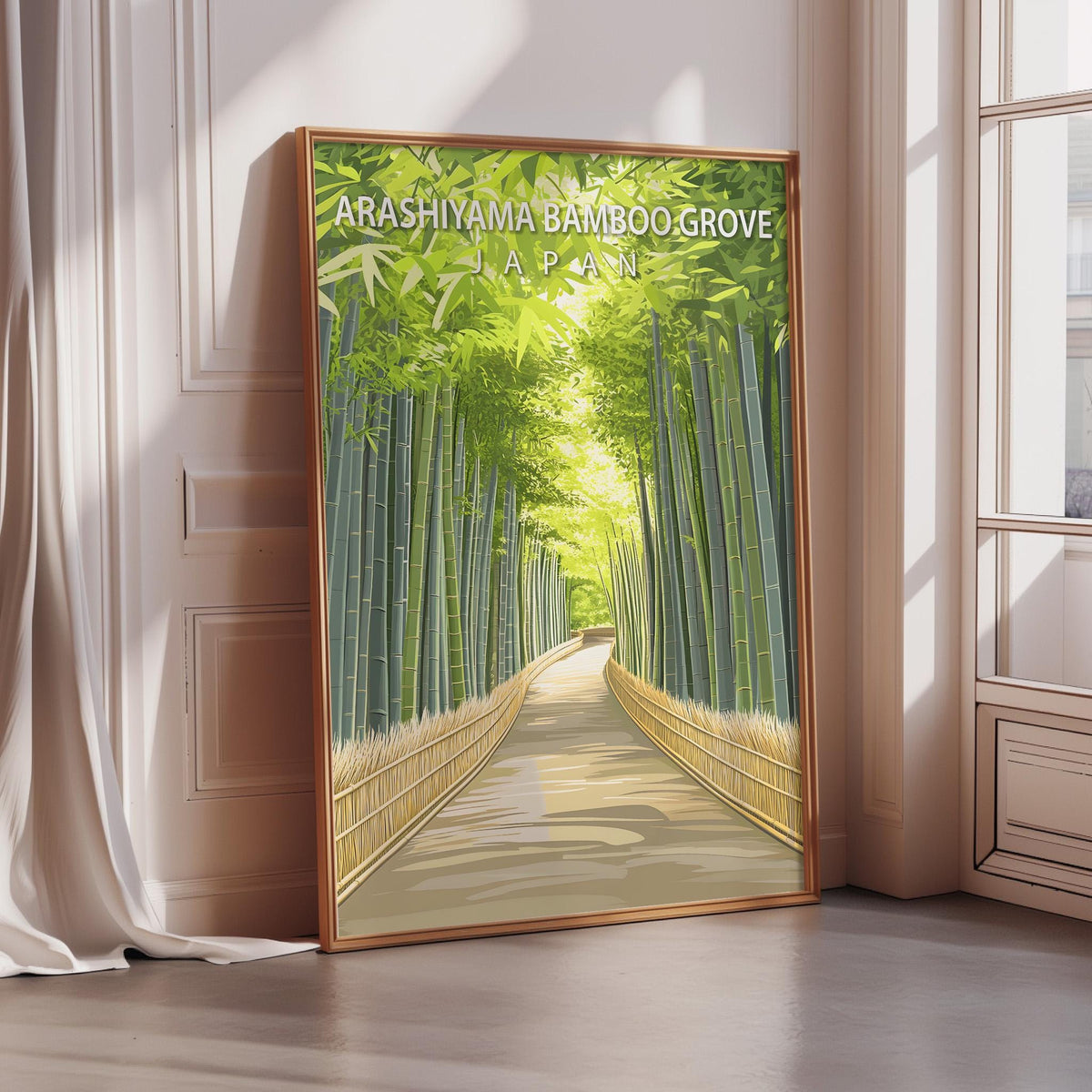 A framed poster depicting a bamboo forest path in Japan, with the text "ARASHIYA BAMBOGROVE JAPAN" prominently displayed.