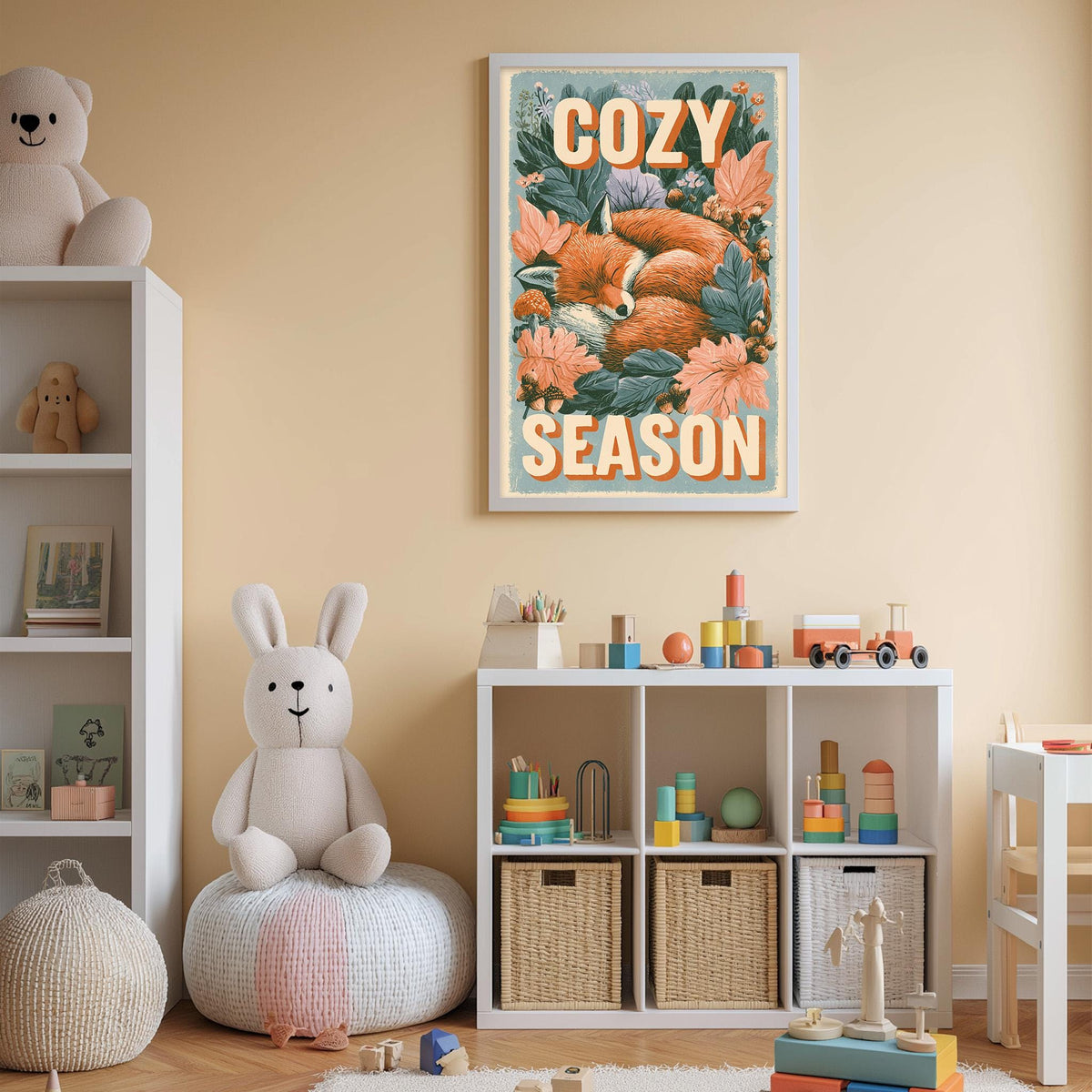 A cozy children's room with a stuffed rabbit, a toy train, and a framed poster of two rabbits. The room has a beige color scheme and appears to be well-organized with storage bins and toys.