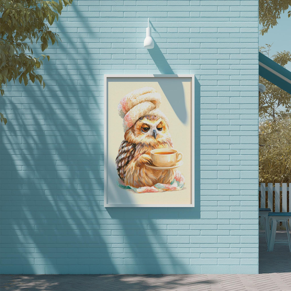 A framed painting of an owl wearing a hat and holding a cup of tea is displayed on a blue brick wall.