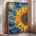 a large, vibrant painting of a sunflower with swirling blue and yellow brushstrokes, creating a dynamic and energetic composition.