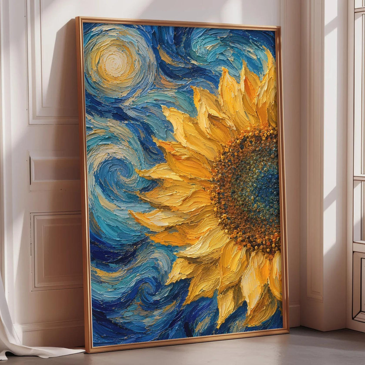 a large, vibrant painting of a sunflower with swirling blue and yellow brushstrokes, creating a dynamic and energetic composition.