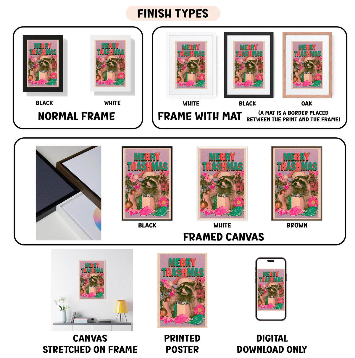 various types of artwork, including framed prints, canvas prints, and digital versions, all featuring the same design and theme.