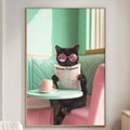 A black cat wearing sunglasses is sitting on a pink chair, reading a newspaper with the headline "Human Problem" in a cozy living room setting.