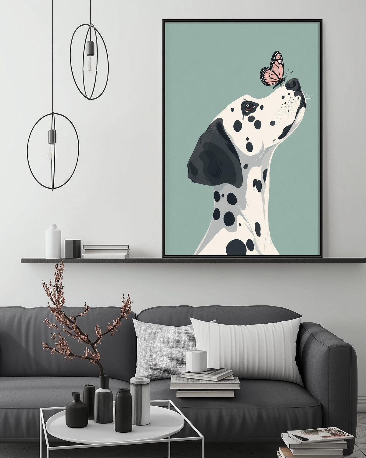 a Dalmatian dog with a butterfly resting on its nose, set against a light green background. The dog is sitting on a couch, and there is a coffee table in front of it. The room has a minimalist and modern design, with a black and white color scheme and a large framed picture hanging on the wall.