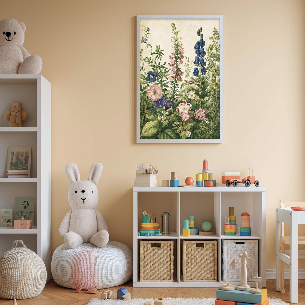A cozy children's room with a white bookshelf, a plush rabbit, and a colorful toy box filled with toys. A framed print of a floral arrangement hangs on the wall above the bookshelf.