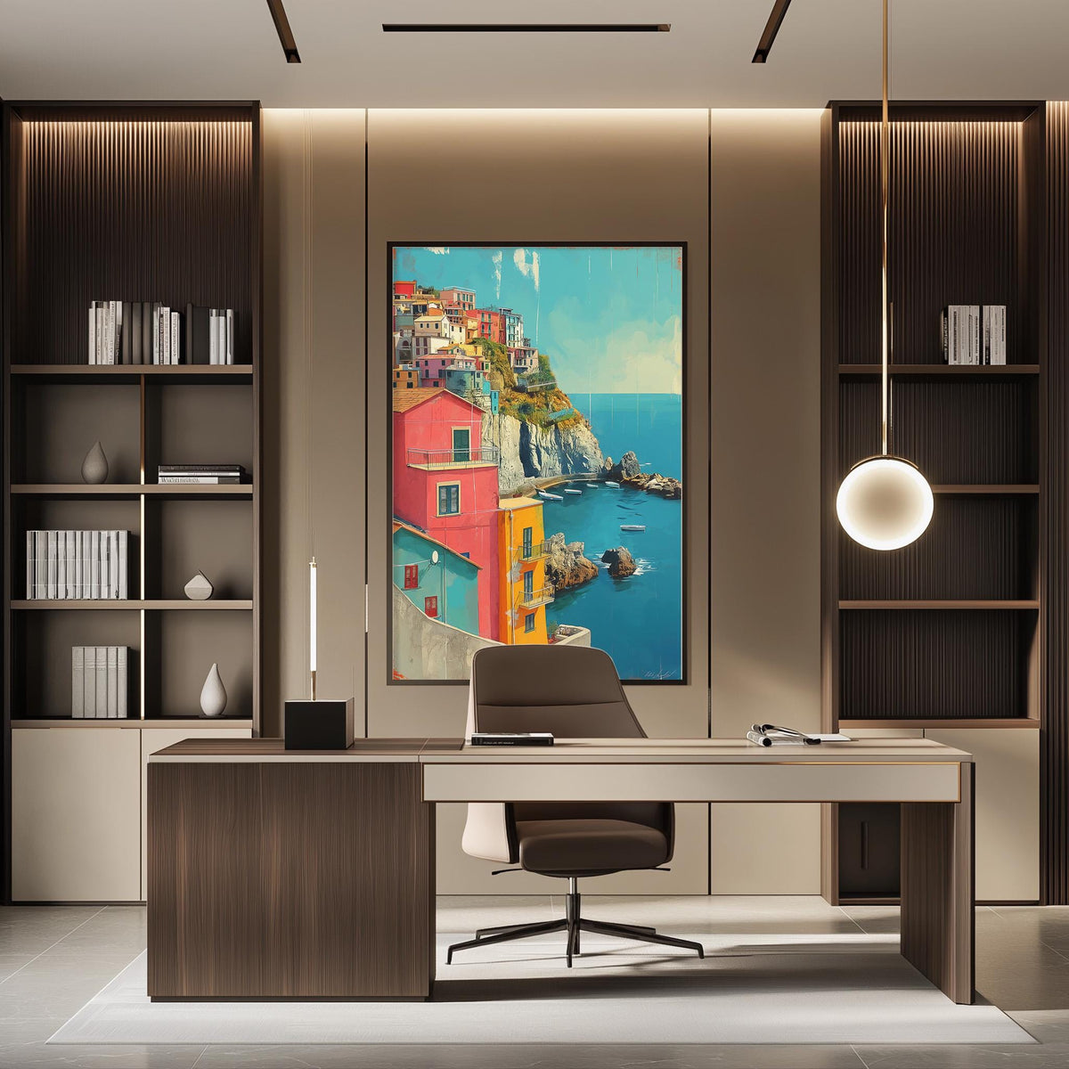 a modern office space with a large framed painting of a colorful coastal town on the wall. The painting is positioned between two bookshelves, creating a focal point in the room. The office has a sleek, contemporary design with a dark wood desk and chair, and a hanging light fixture above the desk.