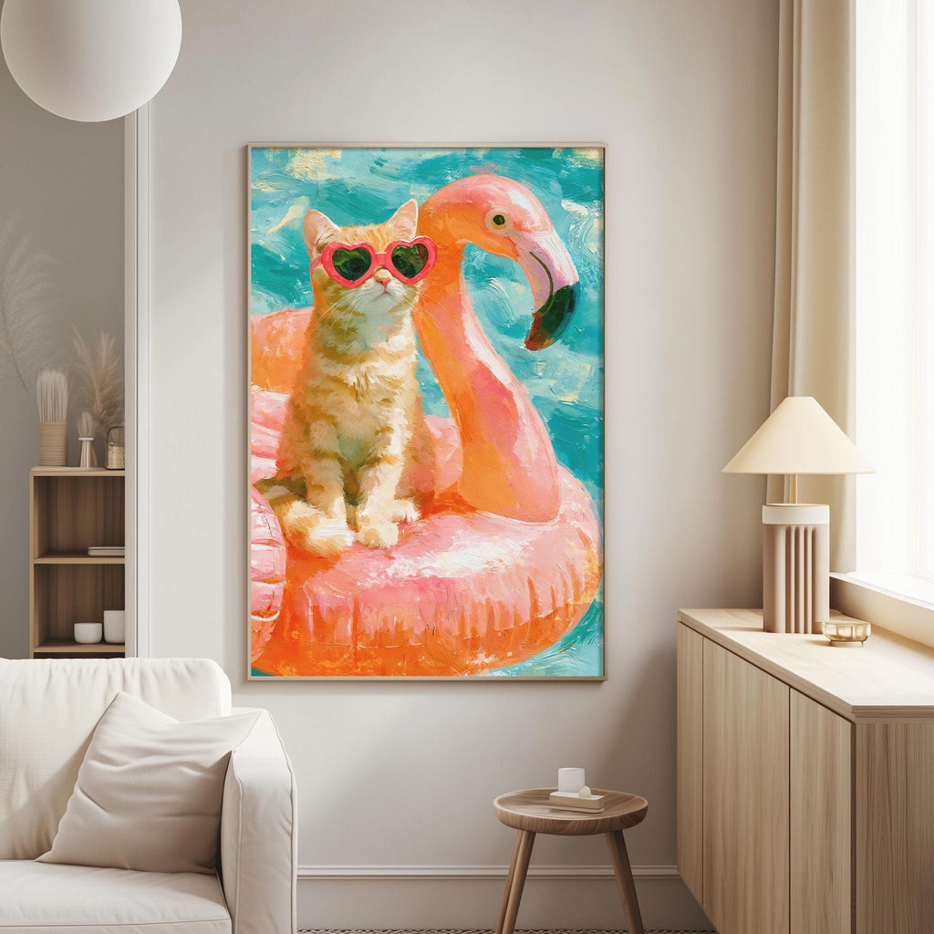 A cat wearing sunglasses is sitting on a pink flamingo float in a blue ocean, as depicted in a framed painting on the wall of a living room.