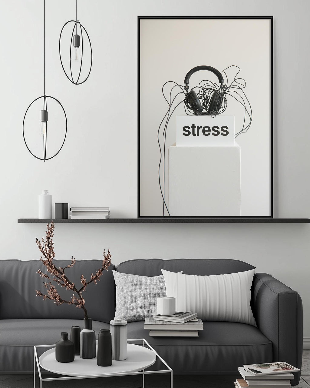 a modern living room with a gray sofa, a coffee table, and a large framed poster with headphones and the word "stress" on it. The room has a minimalist and stylish design, with a pendant light, a shelf, and a vase with branches.