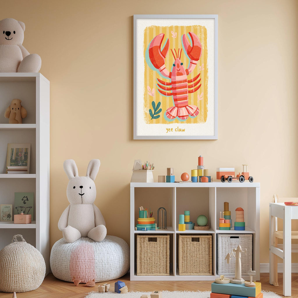 A child's bedroom with a stuffed rabbit, a framed illustration of a lobster, and a toy shelf filled with various toys.