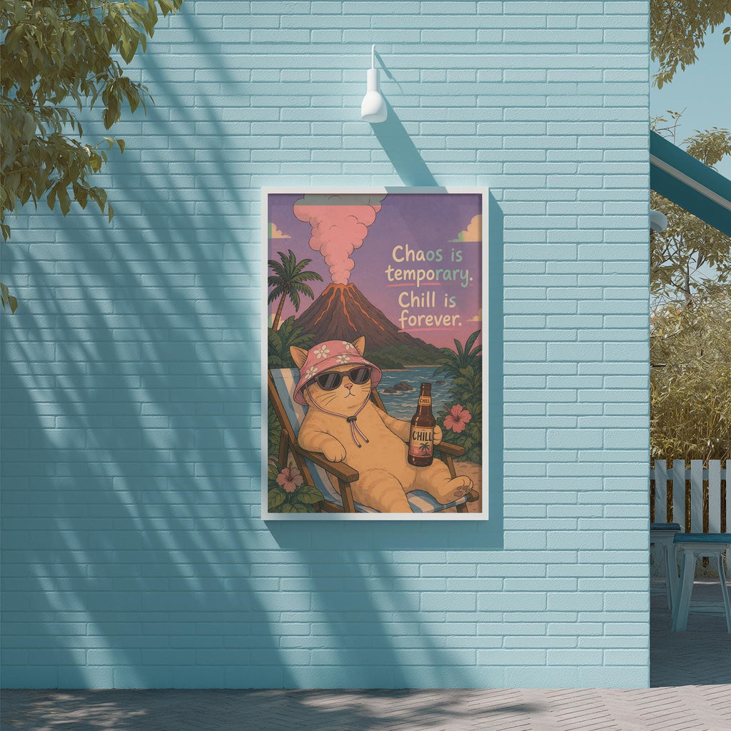 a poster with a cat wearing sunglasses and a hat, sitting in a chair and holding a beer bottle, with a tropical landscape in the background.