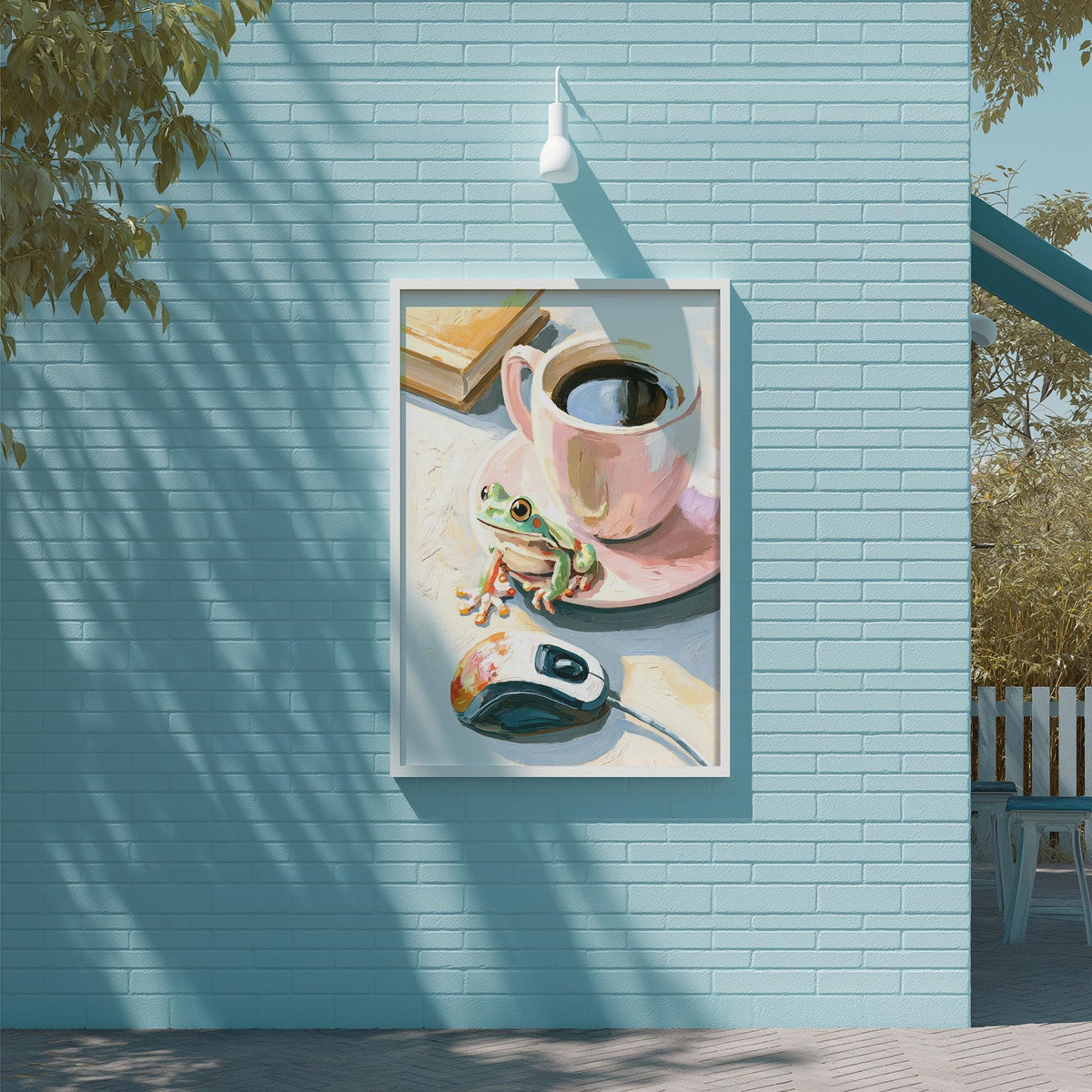a painting of a cup of coffee with a frog on a saucer, displayed on a blue brick wall.