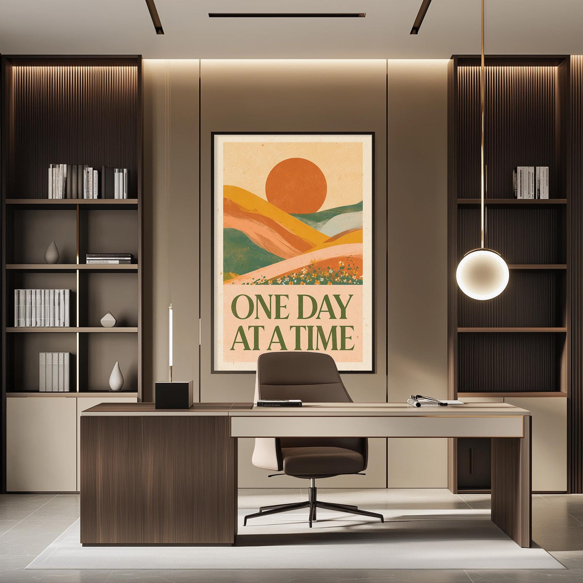 a modern office space with a large framed poster on the wall that reads "ONE DAY AT A TIME". The office has a wooden desk, a chair, and a bookshelf filled with books. The overall design and decor create a professional and stylish atmosphere.