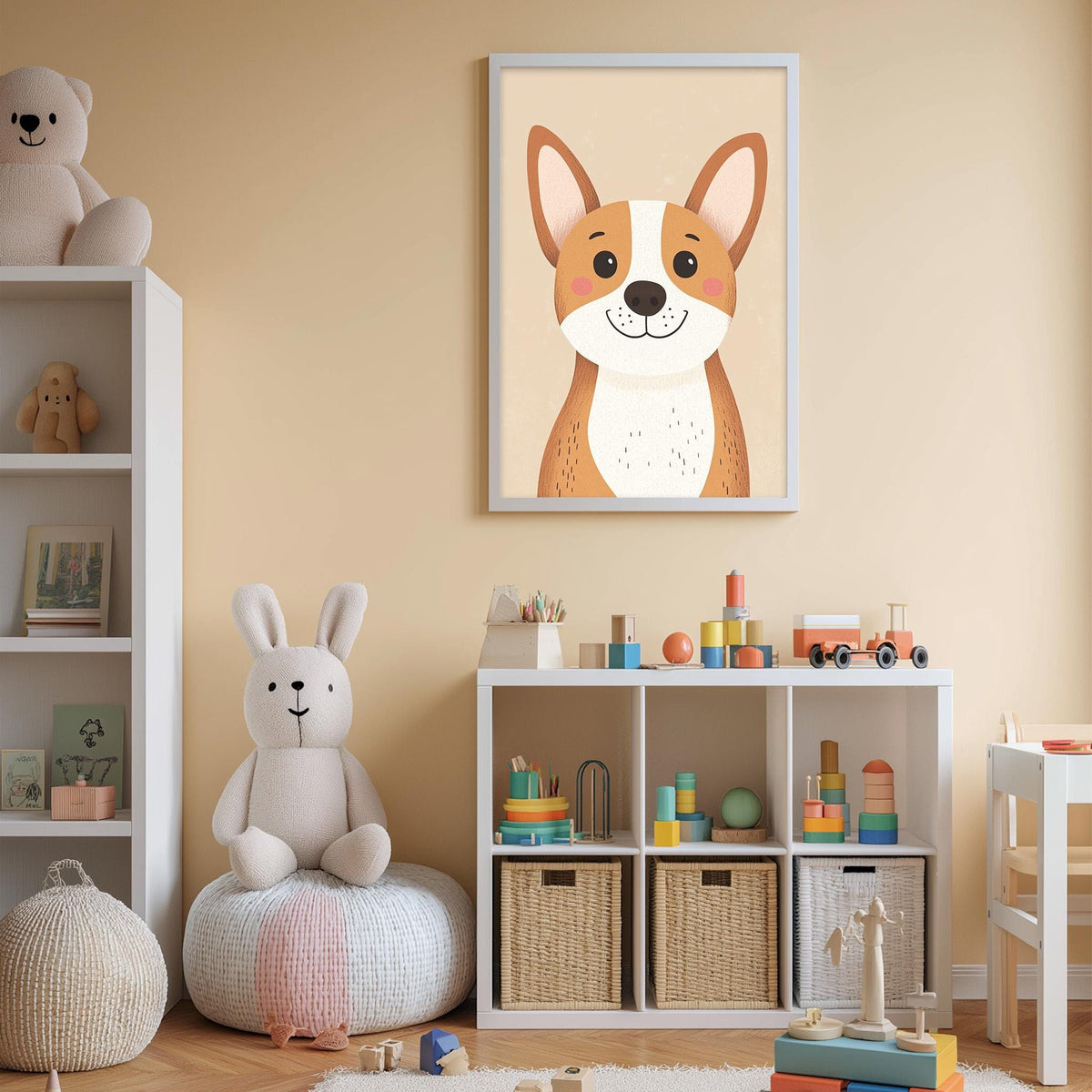 A child's bedroom with a stuffed rabbit, a framed dog illustration, and a toy shelf filled with various toys.