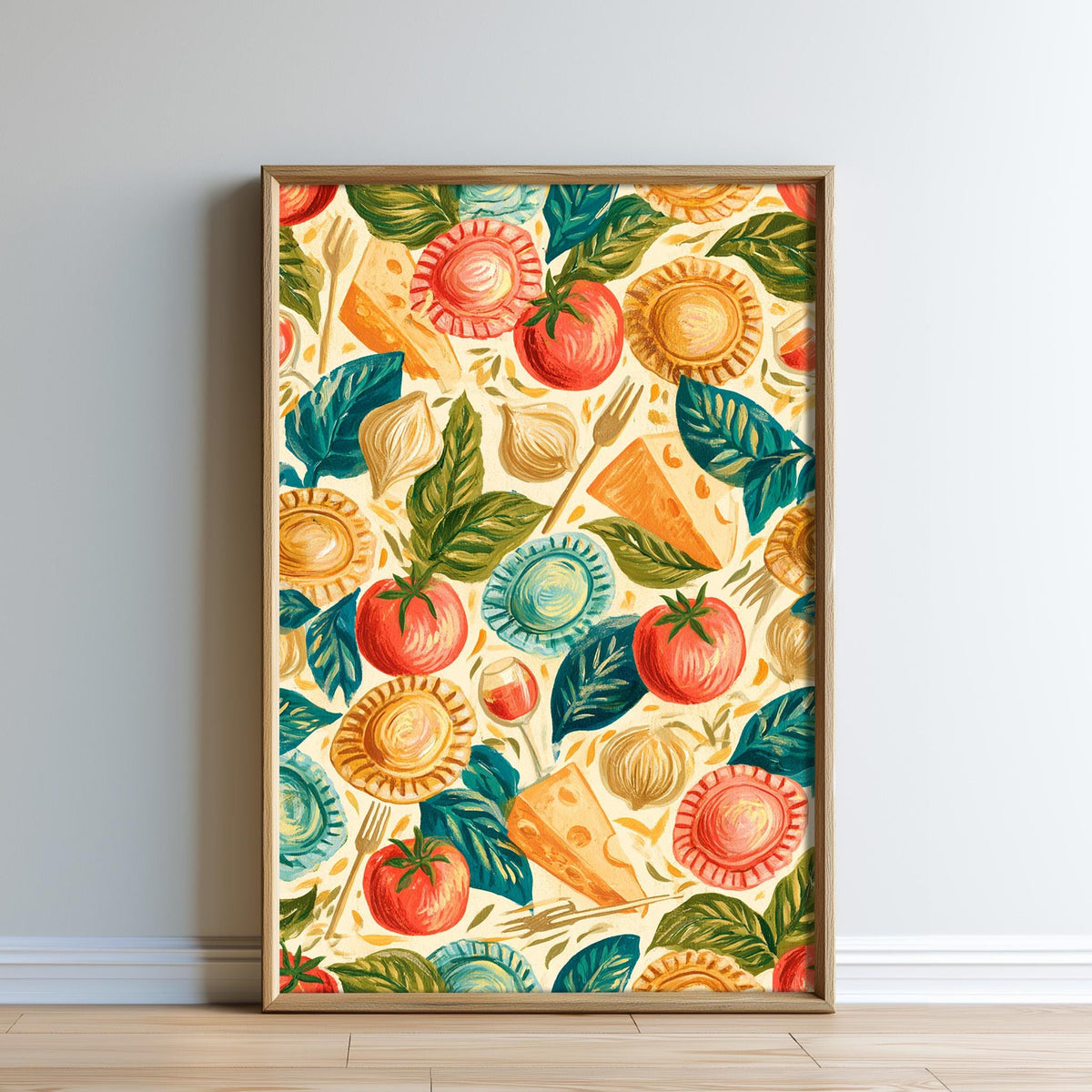 The image is a framed print featuring a vibrant and colorful illustration of various food items, including tomatoes, leaves, and cheese.