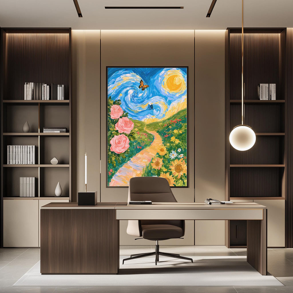 a modern office space with a large painting of a colorful landscape hanging on the wall above a desk with a chair.