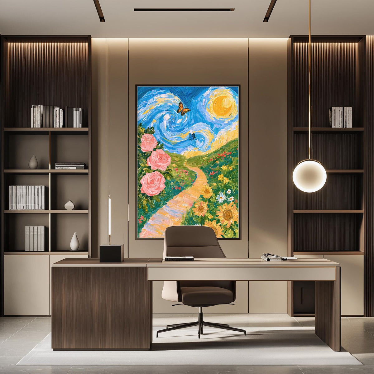 a modern office space with a large painting of a colorful landscape hanging on the wall above a desk with a chair.