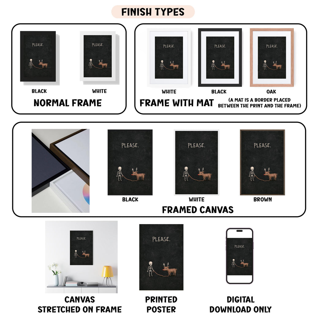 various finish types for a canvas print, including a normal frame, a frame with a mat, a black frame, a white frame, a black frame, a white framed canvas, a framed canvas, a stretched canvas, a printed poster, and a digital download only.