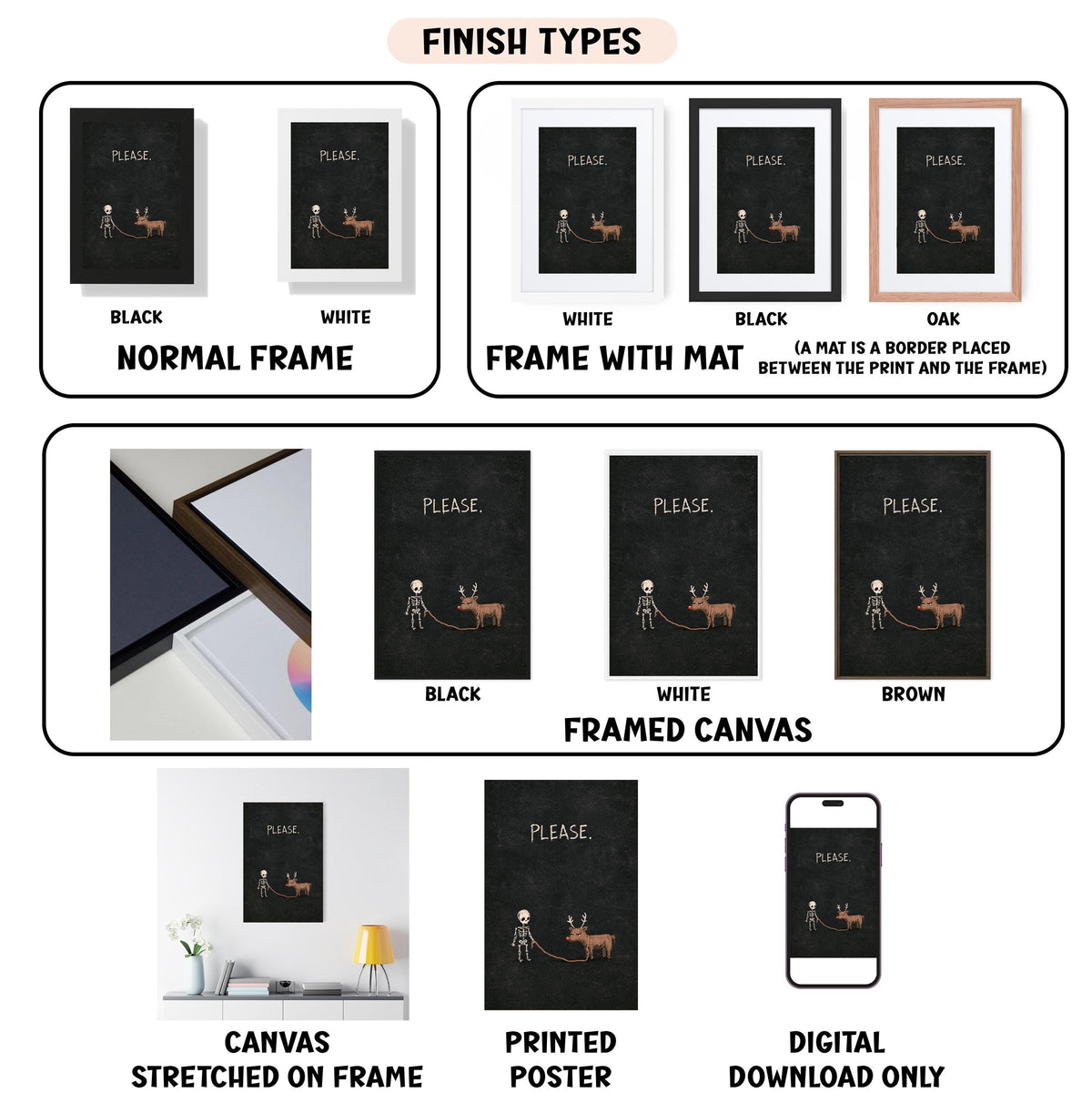 various finish types for a canvas print, including a normal frame, a frame with a mat, a black frame, a white frame, a black frame, a white framed canvas, a framed canvas, a stretched canvas, a printed poster, and a digital download only.