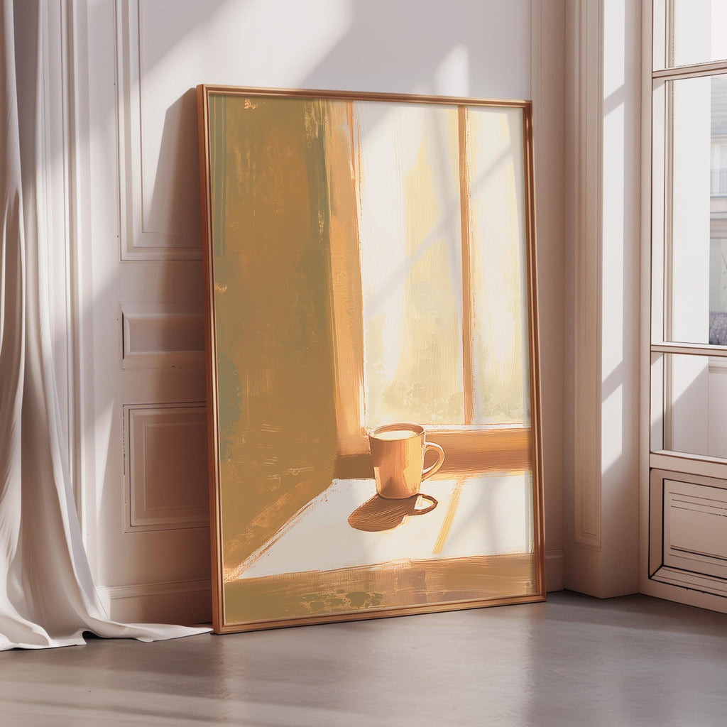 A large framed painting depicting a cup of coffee on a windowsill, with sunlight streaming through the window.