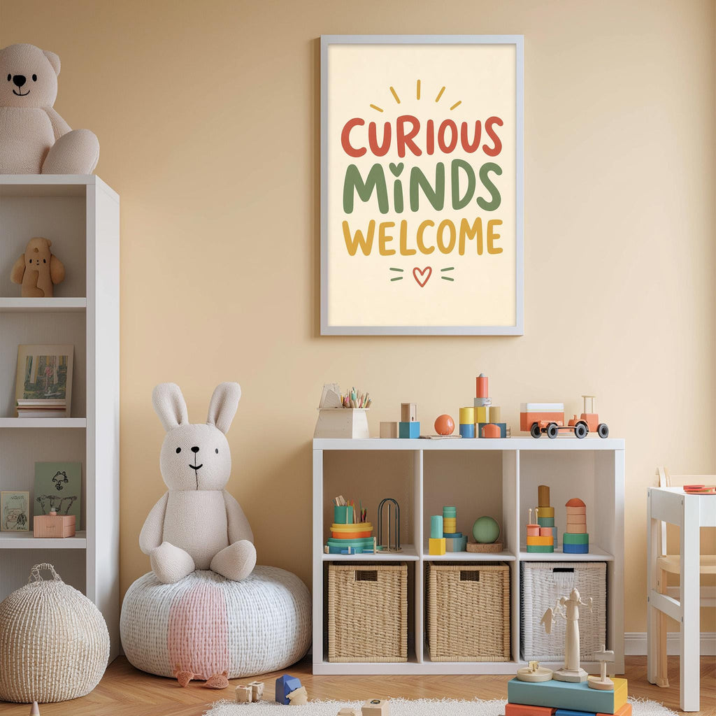a child's bedroom with a white bookshelf, a stuffed rabbit, and a colorful poster on the wall. The poster reads "CURIOUS MINDS WELCOME" and features a heart symbol.